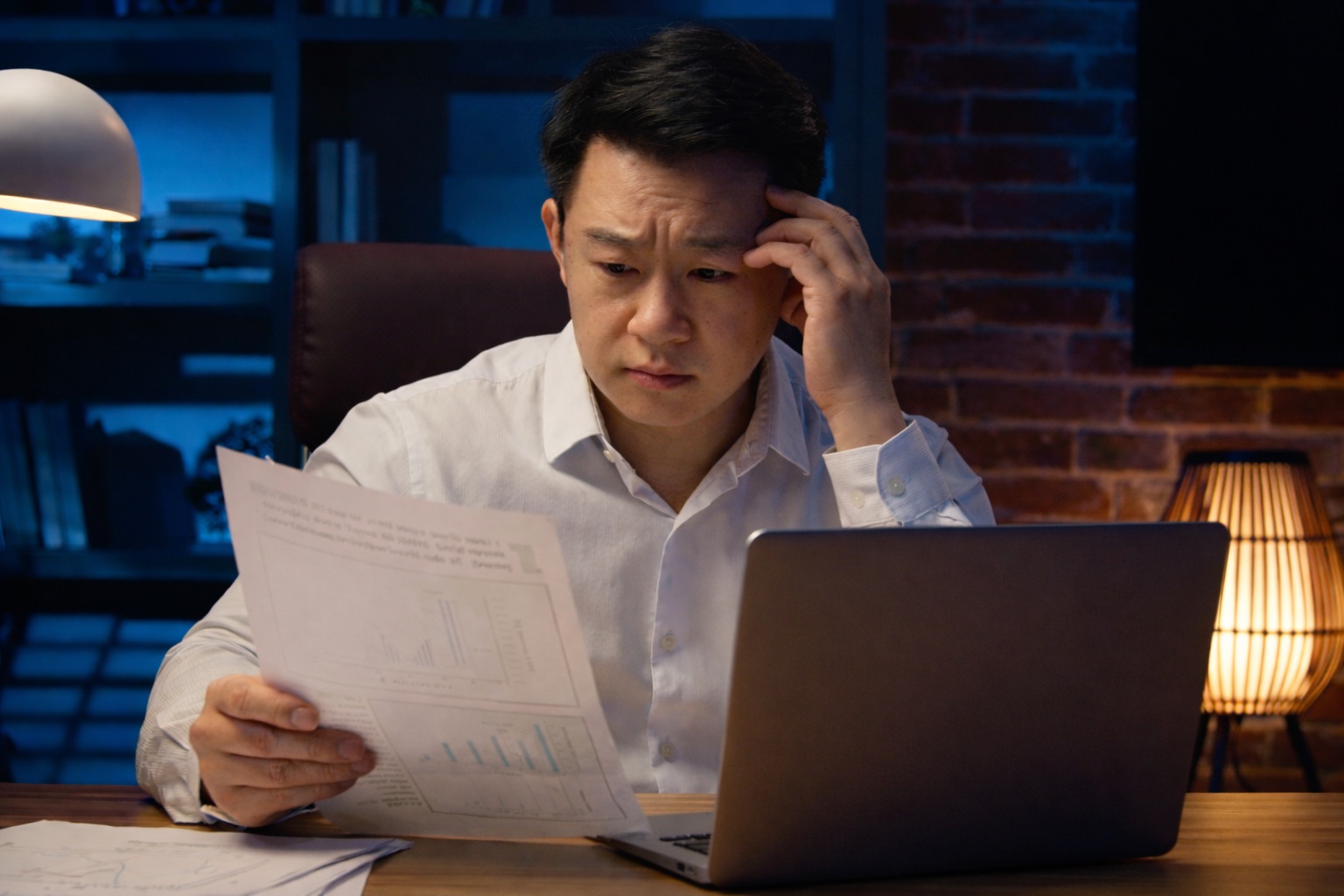 Frustrated person reviewing documents late at night